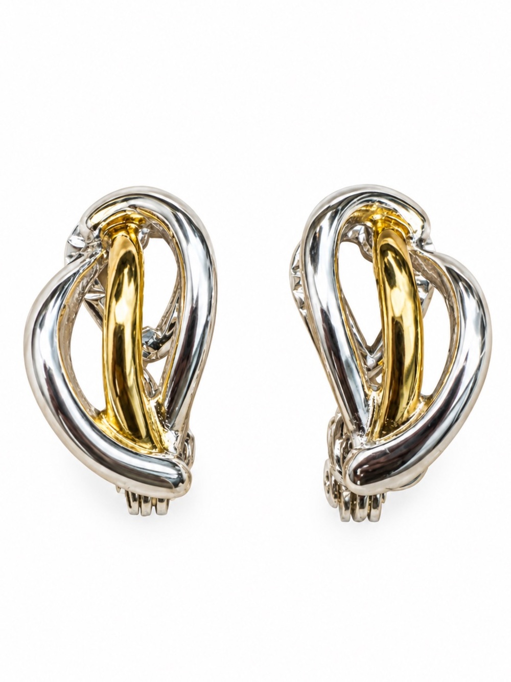 Vintage TJG Two Tone Silver Gold Clip-On Earrings 3/4”